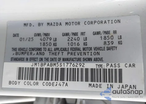 2025 Mazda Mazda3 2.5 S Select Sport from USA, damaged, VIN JM1BPABM5S1776292